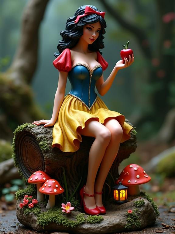 Resin sculpture of Snow White seated on a log in an enchanted forest. She holds an apple and wears a blue corset with red puffed sleeves and a yellow skirt. The log is surrounded by glowing mushrooms and details of moss and flowers. Realistic styling with soft lighting creates a dark fairy tale atmosphere.