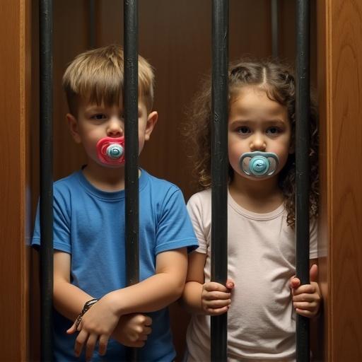 Two children appear in a courtroom. A boy and a girl look apprehensive while trapped in a small cage. Each child is wearing a pacifier and has handcuffs on their wrists. They await their sentence as a judge speaks. The atmosphere is tense and serious.