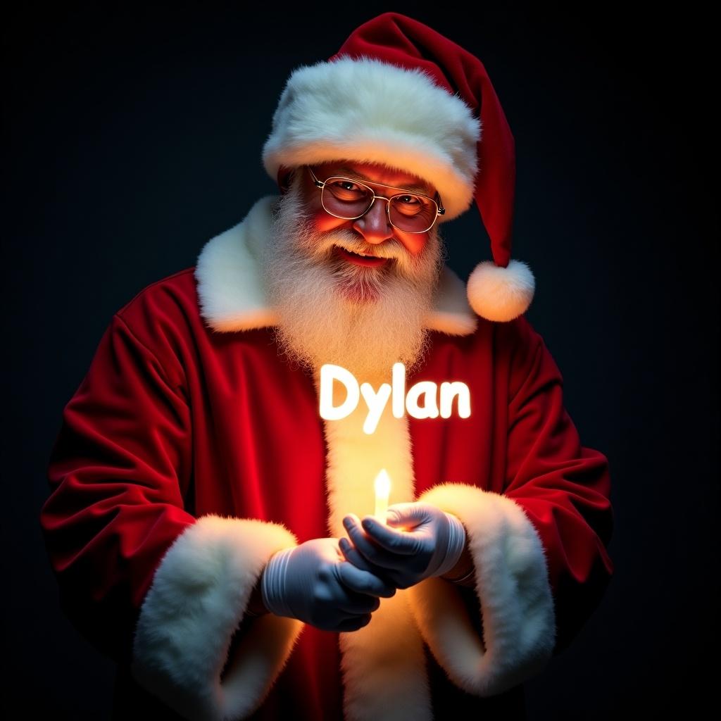 This image features Santa Claus embracing the spirit of Christmas. He is dressed in his traditional red and white suit, complete with a fluffy white beard. Santa is holding a glow stick that beautifully illuminates the name 'Dylan' in bright light. His warm smile radiates holiday cheer, inviting joy to all who see him. The background is a deep black, making the glowing name pop out vividly.