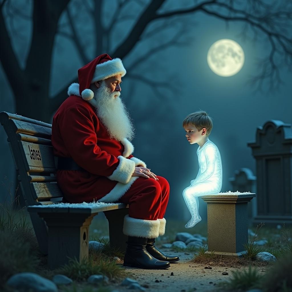 Father Christmas dressed in a red suit with white trim sitting on a bench in a snowy cemetery. Boy spirit is implied. Name 'James' is engraved on the bench.