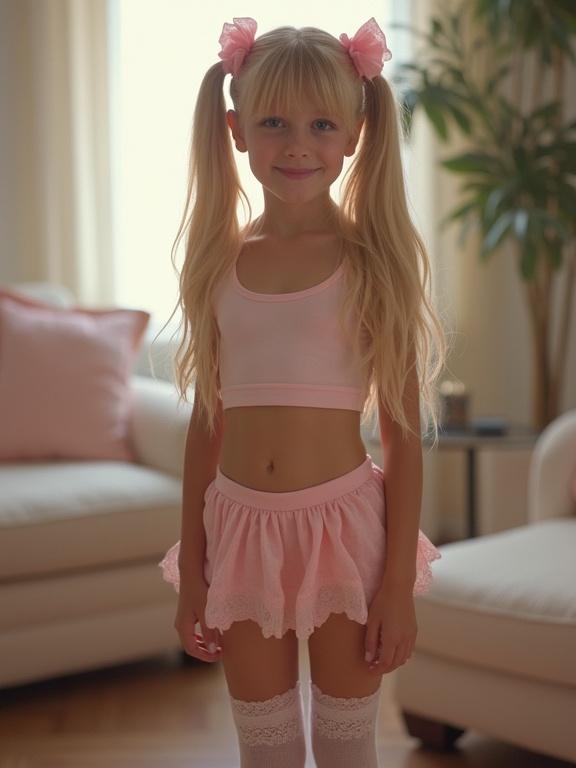 Young girl poses in a soft-lit living room. She has long blonde hair styled in twin tails with pink bows. Wearing a short crop top and a pale pink miniskirt. Thigh-high socks with lace detail and black shoes complete her outfit. The atmosphere is warm and inviting with soft lighting.