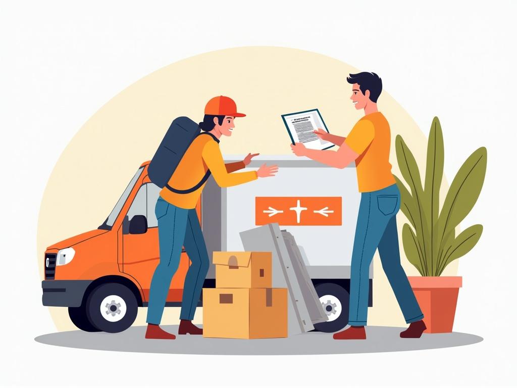 Illustration shows two movers coordinating work with a delivery vehicle and boxes. One mover hands over documentation. A plant adds life to the scene. Bright and professional design.