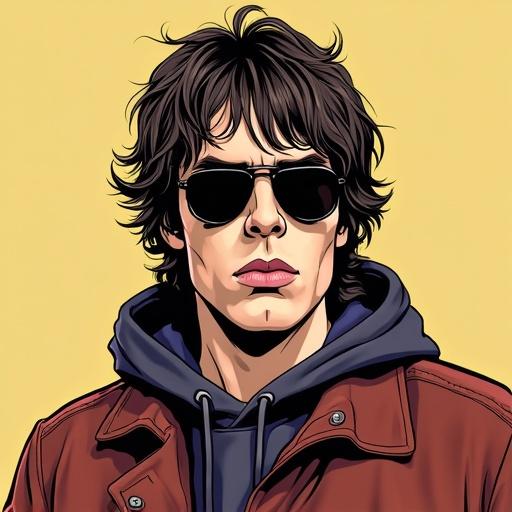 Comic style illustration character inspired by Liam Gallagher. A male figure with curly hair wearing a hoodie and an outer jacket. Character illustrated on a bright yellow background. Features a confident pose appealing to music fans.
