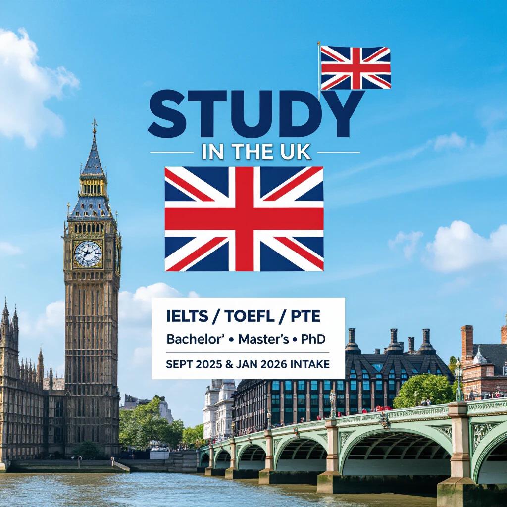 Design a promotional poster showcasing studying in the UK. The image features Big Ben and the London skyline with a clear blue sky. Incorporate bold text indicating 'STUDY IN UK' alongside a UK flag symbol. Include keywords such as 'IELTS / TOEFL / PTE' and educational levels 'Bachelor's • Master's • PhD' colored in orange. An eye-catching red button with 'APPLY NOW' needs to be present. At the bottom, a dark blue box holds contact details including an office address and social media icons for WhatsApp and Facebook. The Z&M Consultancy logo should feature prominently at the top corners.