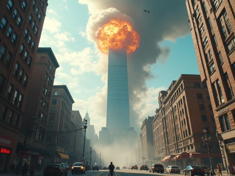 Low street view of a tall skyscraper with a large explosion at the top. People are running amidst falling ash and debris. City streets include traffic and stores. The sky is blue with thick smoke clouds and sunlight.