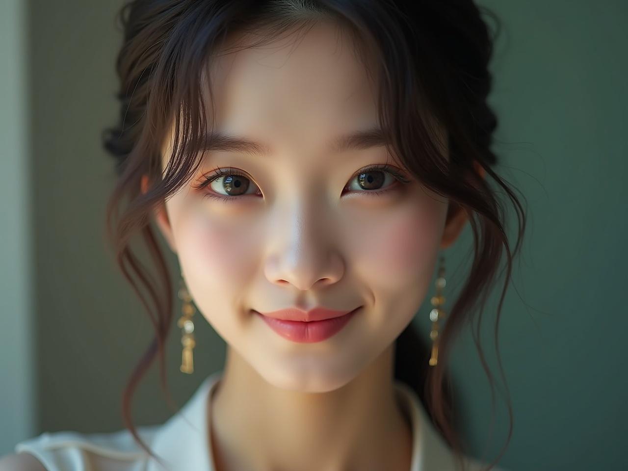 High definition photo of a stunning Asian model, captured in a close-up shot. The composition reflects Asian beauty standards, showcasing photorealism with flawless skin. The model has a slight smile, enhancing the cinematic quality of the image. The image is in the highest quality, resembling a photograph shot on a Sony A7III, filled with realistic detail. The aspect ratio is set to 1:2 and the stylization is at a level of 750.