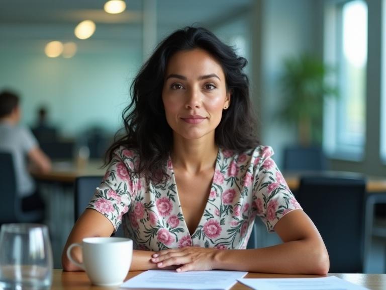 Photo features a Mexican woman in a corporate setting. Appearance is calm and professional. She is seated at a conference table with documents and a cup of coffee. The background shows a modern boardroom with glass walls. She's wearing a floral midi dress and poses with a relaxed posture. Lighting is bright and natural. The scene conveys a business atmosphere.