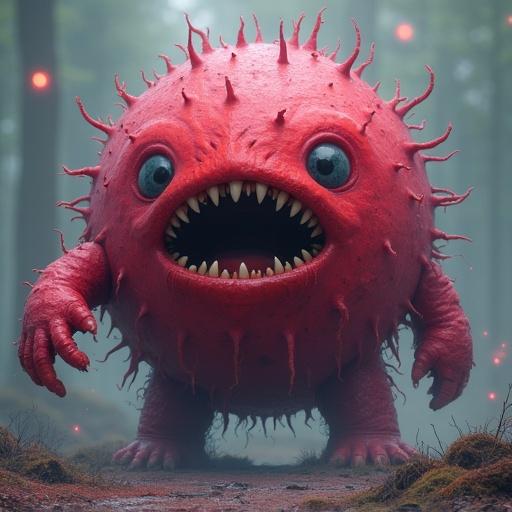 A whimsical blob monster with a round shape features large eyes and sharp teeth stands in a mysterious forest. Soft lighting creates a magical atmosphere.