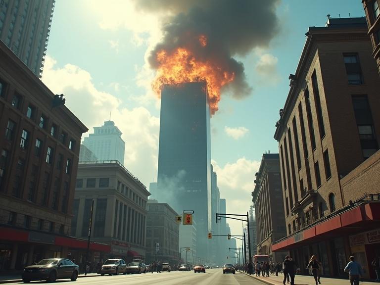 Detailed street view of an explosion on top of a reflective skyscraper skyscraper in a city. People are running on the street. Traffic includes cars. Stores and signs visible. Burning debris is falling from the building. Smoke clouds fill the sky. Sunny blue sky visible.