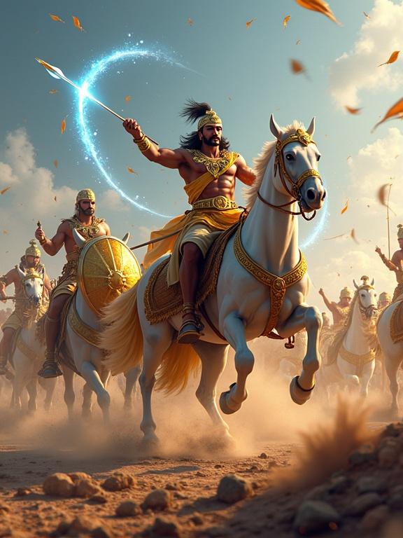 Depicts fierce battle with Arjuna on a golden chariot. Horses are white. Divine arrows glow blue. Drupada defends with golden shield. Soldiers in armor in background. Dust and sparks are visible. Arrows have glowing trails. Scene captures rich mythology and dynamic motion.