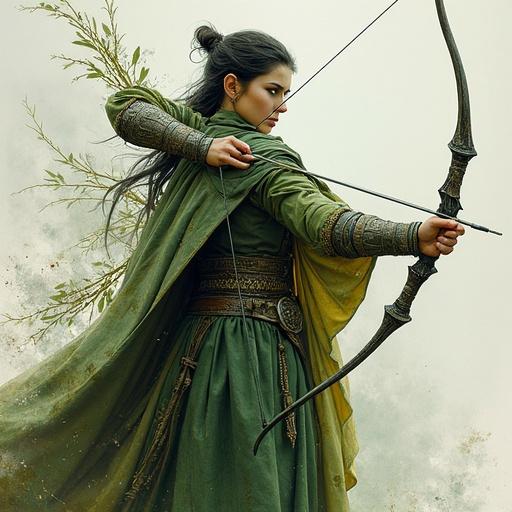 A fusion of archery and druidic magic. A warrior-poet resembles an elven mystic. Holding a longbow with glowing energy. Wearing patchwork leaves and ancient armor. Ethereal hues blend in surreal style. Dramatic lighting with hints of forgotten lore.