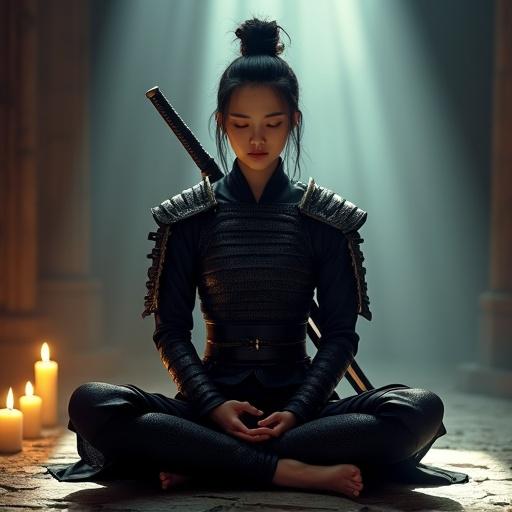 A young woman with dark hair in a high bun seated cross-legged on a stone floor wearing dark armor. She exhibits calmness and focus with eyes closed. A katana rests behind her. The scene has candlelight and atmospheric rays. The mood conveys quiet strength.