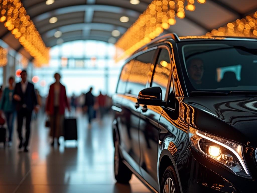 The image captures a luxurious black vehicle in an airport setting, highlighted by warm, festive lights in the background. Travelers can be seen moving through the terminal, creating a bustling atmosphere. The vehicle stands out as a symbol of comfort and class, suggesting a premium travel experience. The warm lighting adds a festive touch, making it ideal for promotional content. This is perfect for any travel company promoting their services during the holiday season.