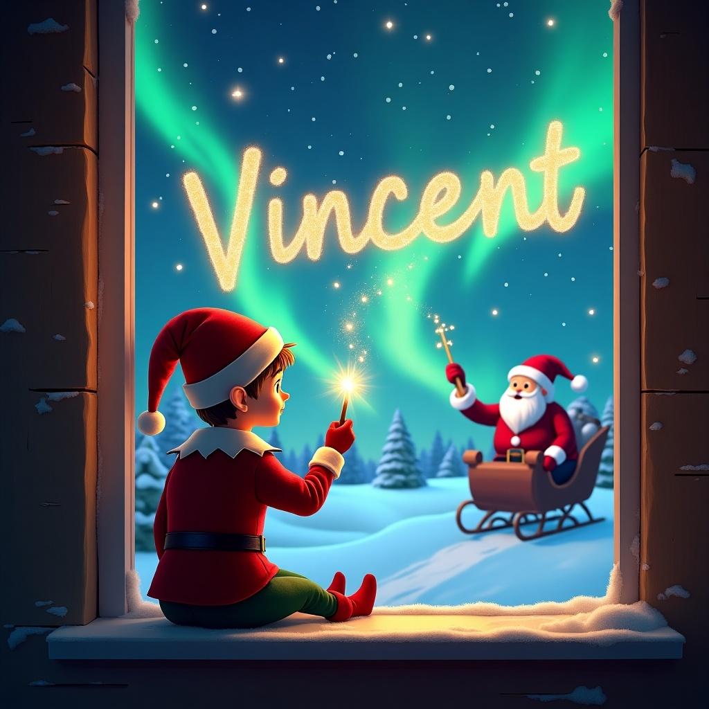 The image features an enchanting Christmas scene. An elf sits on a window ledge, back to the viewer. Using a wand, he writes the name 'Vincent' in shimmering lights. The background showcases colorful northern lights and a snowy landscape. In the distance, Santa Claus is seen in his sleigh, enhancing the festive spirit. He is using a wand to elegantly write the name 'Gino' in the sky.