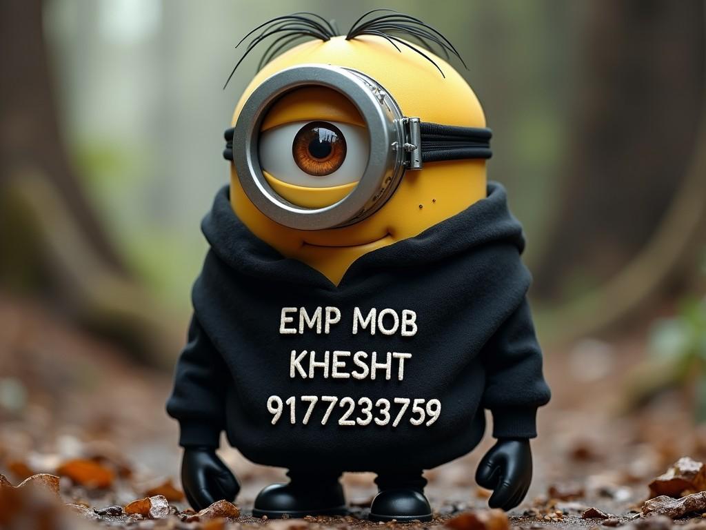 The image features a small, yellow cartoon character with one eye and black gloves, reminiscent of a Minion, standing on a forest path covered in autumn leaves. It wears a black hoodie with text on the front, giving it a playful and mischievous appearance. The background is softly blurred, showcasing the forest setting filled with trees and a sense of early fall.