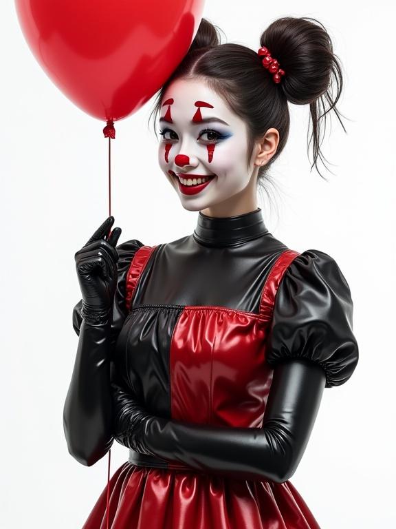 A young petite female clown with dimples smiles holding a red balloon. Clown wears a shiny black and red outfit with black gloves and distinct clown face paint. Hair styled in short dark slick pigtails with decorative balls. Background is white focusing on her cheerful expression. High detail in textures and shadows.