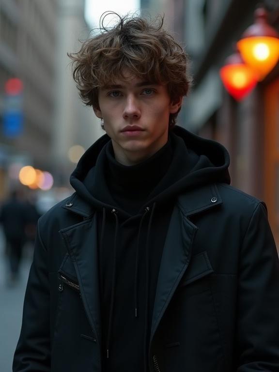 A young man stands on a dark street. He wears black contemporary clothing. His hair is messy and light brown. He has brown eyes and a trendy look. The scene is realistic and captured with high quality.