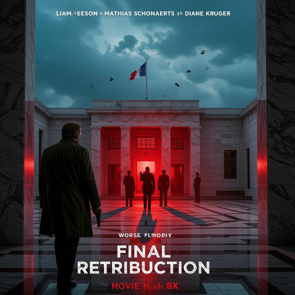 Movie poster for FINAL RETRIBUTION features Liam Neeson along with Matthias Schoenaerts and Diane Kruger. A veteran confronts past ghosts to address a hostage situation. Set in a European embassy with a tense atmosphere. Distant hostage figures illuminated by red emergency lights. Gritty overcast lighting complements the intense theme. The title FINAL RETRIBUTION is highlighted in clean serif type with a red glow.