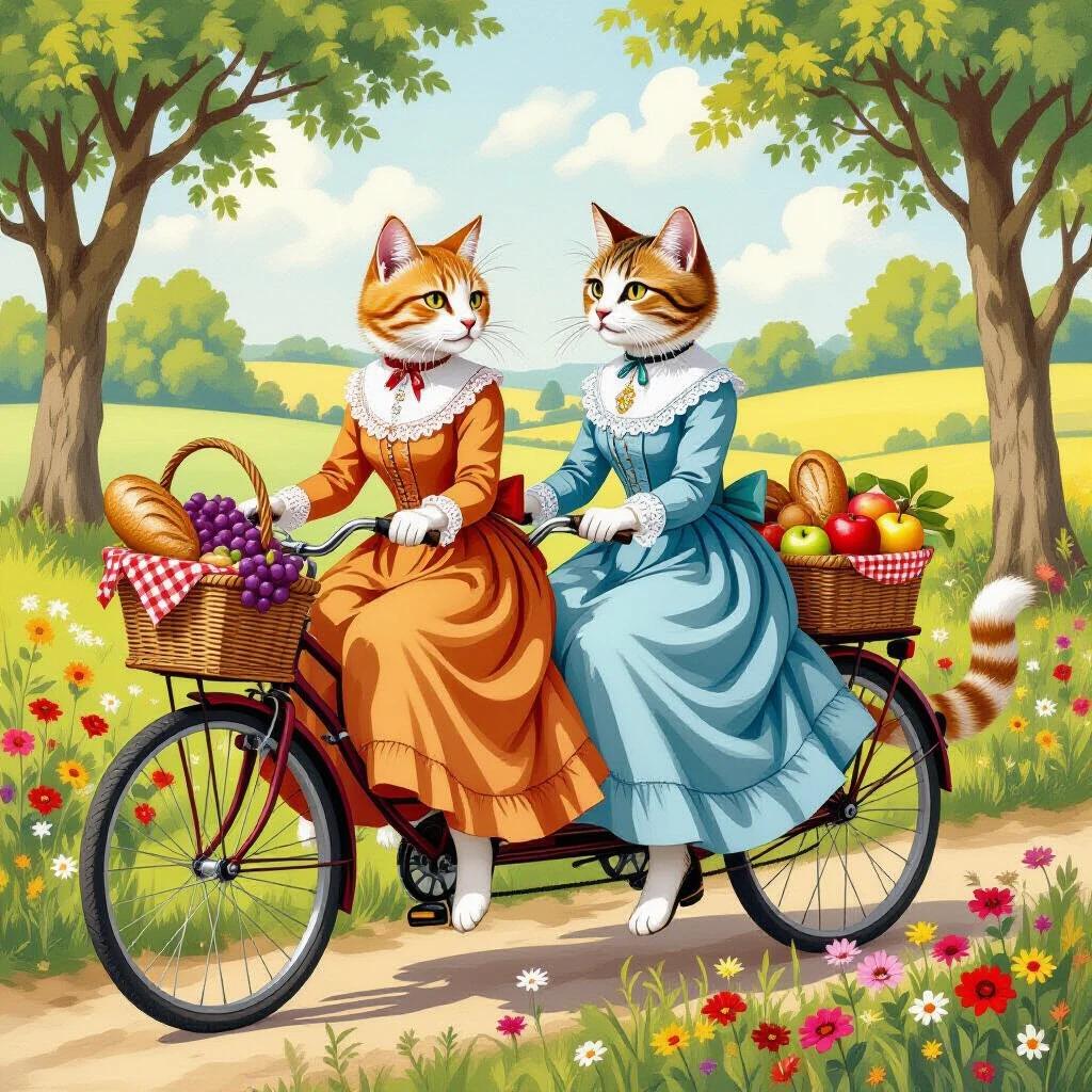 Illustration of two anthropomorphic cats. Cats with rounded bodies wearing Victorian dresses. One cat is orange tabby the other is soft cream. Riding a tandem bicycle along a countryside path. Picnic basket filled with food. Scene depicts trees flowers and rolling hills. Soft brushstrokes and muted colors.