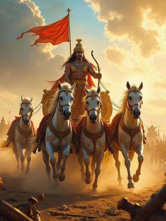 Battlefield scene from Mahabharata. Chariot pulled by five white horses kicking up dust. Lord Krishna with blue aura drives chariot, calm and focused. Arjuna stands behind, holding Gandiva bow, determined expression. Red war flag flutters at top. Dramatic sky with glowing clouds and divine light. Battlefield with fallen soldiers. Style: cinematic digital painting, rich warm colors, traditional aesthetics.