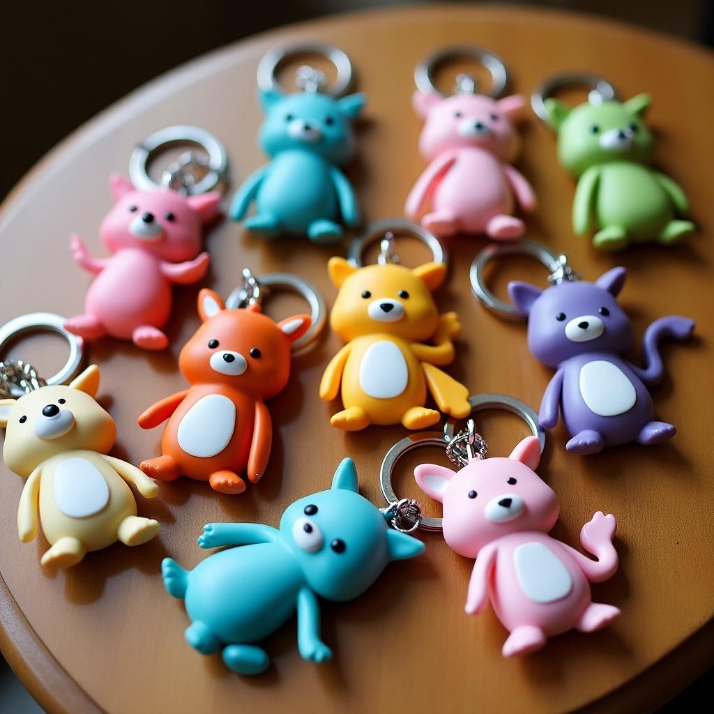 Colorful animal keychains displayed on a wooden table. Various animal shapes in cute, vivid colors are arranged neatly.