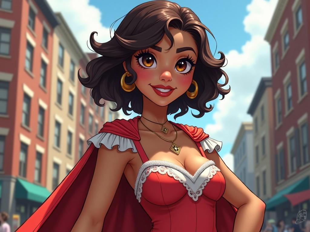 Design a superhero costume featuring a coquette aesthetic for a girl with dark brown hair and olive skin. The character is shown in a lively urban setting, showcasing her stylish costume and confident pose. Bright colors like red and white dominate the outfit, complemented by accessories like golden earrings and necklaces. She exudes charm and confidence, appealing to a modern audience. The background features cheerful buildings to enhance the vibrant scene.