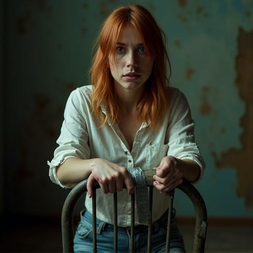 A young woman appears terrified. She has shoulder-length red-blonde hair. A torn white blouse is worn. Her jeans are dirty. She is seated on a metal chair. Silver duct tape binds her arms to the chair. Tears glisten in her eyes. Bruises are visible on her arms. The lighting is cinematic and horror-inspired. Shadows flicker dramatically. The scene has an extremely realistic feel. A shallow depth of field gives focus to the woman.