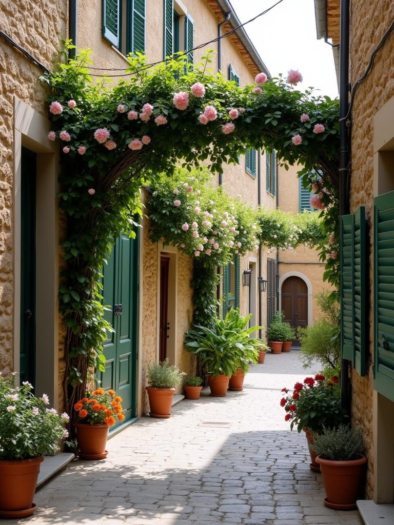 High quality professional photo of narrow picturesque alleyway in a historic Mediterranean village. Paved with cobblestones. Old stone buildings with wooden shutters and green-painted doors line the sides. Potted plants and flowers add color. Archway with pink flowers creates a canopy. Curved path leads deeper into the scene. Quaint and serene atmosphere.