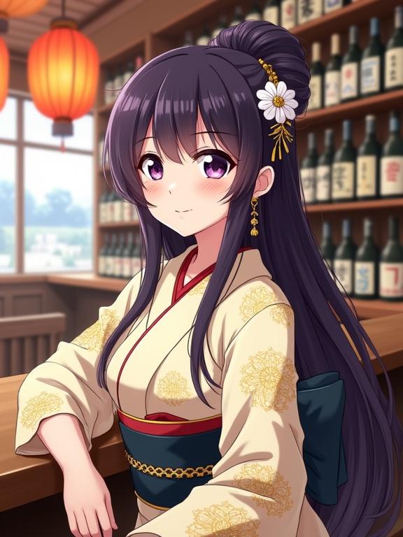 Beautiful anime woman with long dark violet hair in an updo and dark violet eyes. She has fair skin and a calm expression. Wearing cream kimono with gold floral patterns and a red inner collar. Seated at a wooden bar counter, leaning slightly forward, looking at viewer. Warm traditional Japanese atmosphere with sake bottles and paper lanterns.
