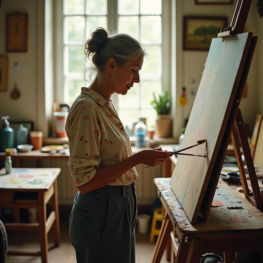 Elderly woman paints in a cozy studio. Floral print blouse, comfortable slacks. Grey hair in a loose bun. Holding a brush, immersed in thought. Surrounded by half-finished canvases and art supplies. Warm, natural light fills the room.