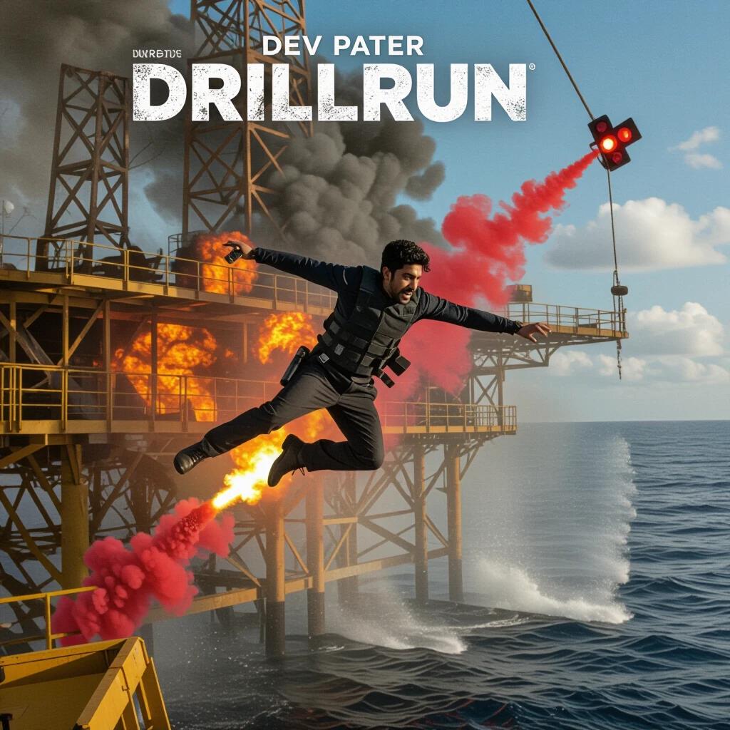 Dev Patel mid-air dive through collapsing oil rig. Fireballs explode behind. Red smoke signals the escape path. Ocean splashes below. Action-filled scene depicts chaos and bravery.