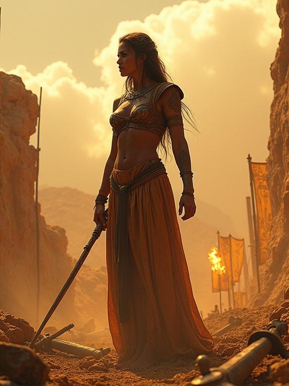 Dramatic photograph depicts towering silhouette of primordial war goddess on sun-baked battlefield. Bronze weaponry and tattered tribal banners scattered around. Her form streaked with ochre and copper pigments across rudimentary armor blending with ancient cave art. Glowing embers illuminate carved ancient gods on her shoulders. Harsh sunlight casts shadows highlighting primitive tribal symbols and mythical beasts. Ember torch in her hand casts orange glow emphasizing commanding presence against desolate landscape.