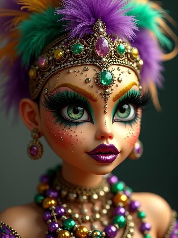 Digital artwork of a female character dressed for Mardi Gras. Colorful feather headdress with jewels. Wearing Mardi Gras beads and high heels. Glamorous and vibrant attire. Celebratory mood for a parade. Long eye lashes accentuate her look.