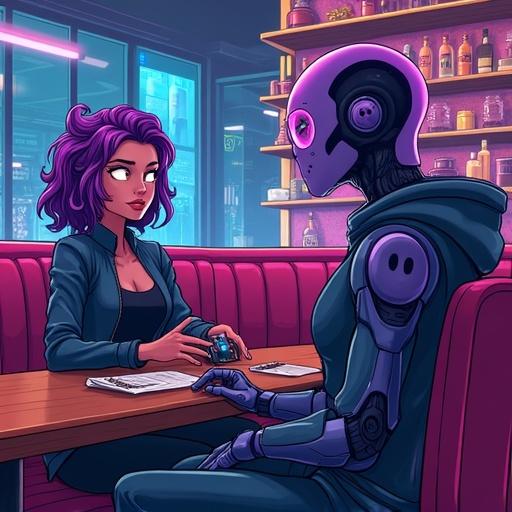 Comic-style interior of a cyber bar. An android girl with purple hair and holographic lenses hands a chip to Lex. Conversation about hacking the BlackBox AI.