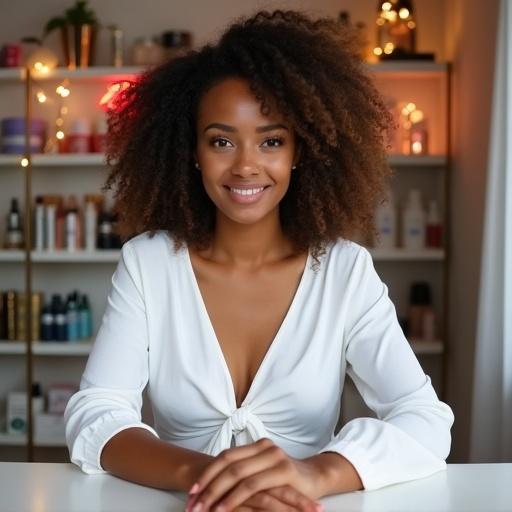 A portrait of an Ethiopian woman at her vanity. Hands resting on the tabletop. Warm caramel-toned skin. Voluminous curly brown hair with loose strands. Natural shine on skin. Simple white blouse tied at front. Makeup is light and fresh. Daylight from window. Shelves of makeup and skincare products behind her. Shot from waist up. No filters or heavy retouching.
