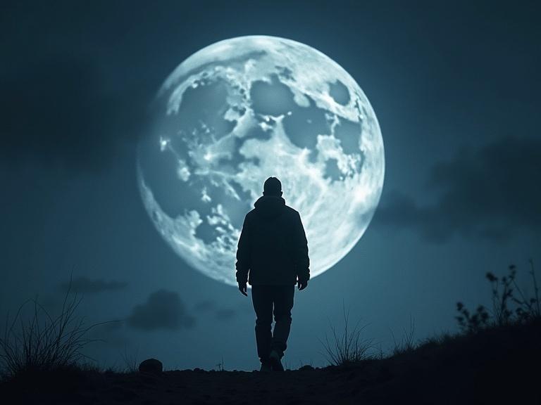 A man is walking under a large full moon. The night sky is dark with some clouds. Grass and a path are visible on the ground.