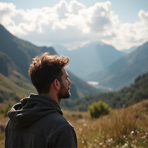 A full frame landscape shot captures a man gazing into a vast landscape. Mountains rise in the background with greenery in the foreground under a blue sky. The scene evokes a sense of adventure and tranquility.