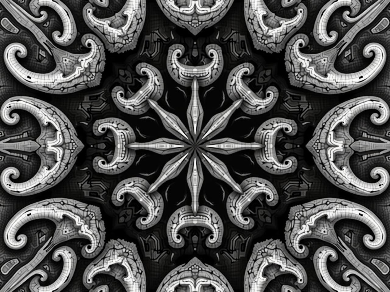 This digital artwork features a captivating symmetrical geometric pattern created in black and white. The design incorporates various shades of gray to add depth and texture, giving the illusion of three-dimensional forms. Central to the pattern are elements inspired by mushrooms, carefully arranged to create a harmonious look. The intricate detailing invites viewers to examine the craftsmanship involved in the creation of the design. Ideal for various applications, this artwork exemplifies modern aesthetics and artistic flair.