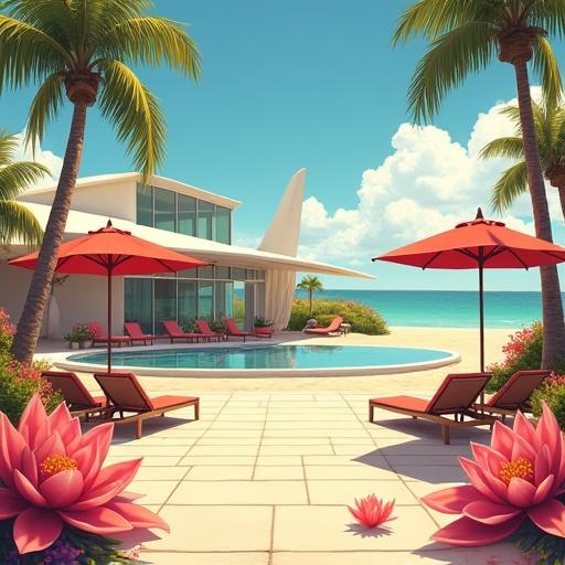 Anime style depicting a luxurious beach village with modern architecture. Tropical setting with palm trees, a serene swimming pool, and vibrant red cherry blossom elements. Morning light creating a picturesque atmosphere.