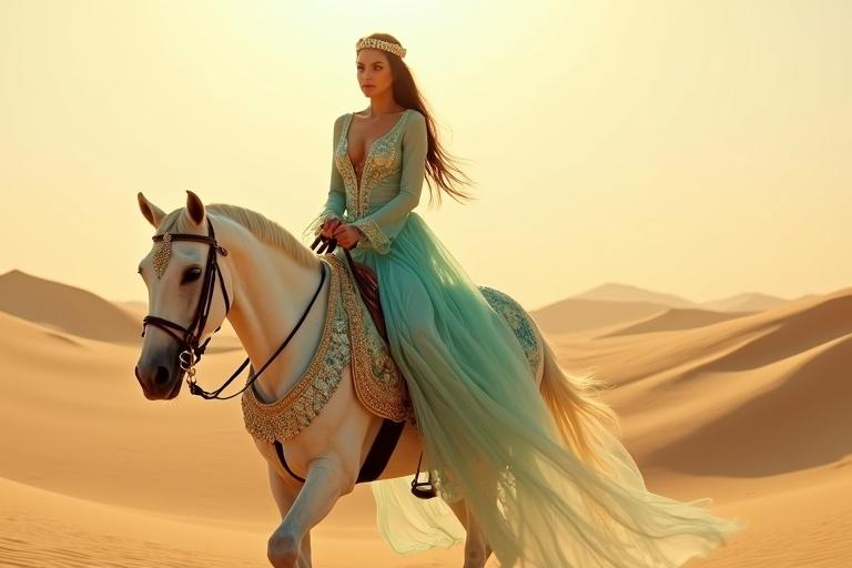 A white Arabian princess rides her majestic horse across golden sand dunes. She wears a luxurious turquoise outfit with gold embroidery. Her hair flows with the wind. The atmosphere is calm and thoughtful amidst distant dunes. Elegance defines this scene.