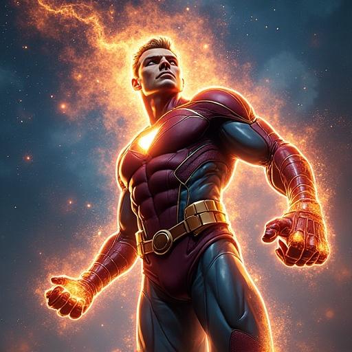 Create an image of a powerful superhero with glowing energy in hands. The character has a futuristic costume with a bold design. The background features cosmic elements and vibrant colors.