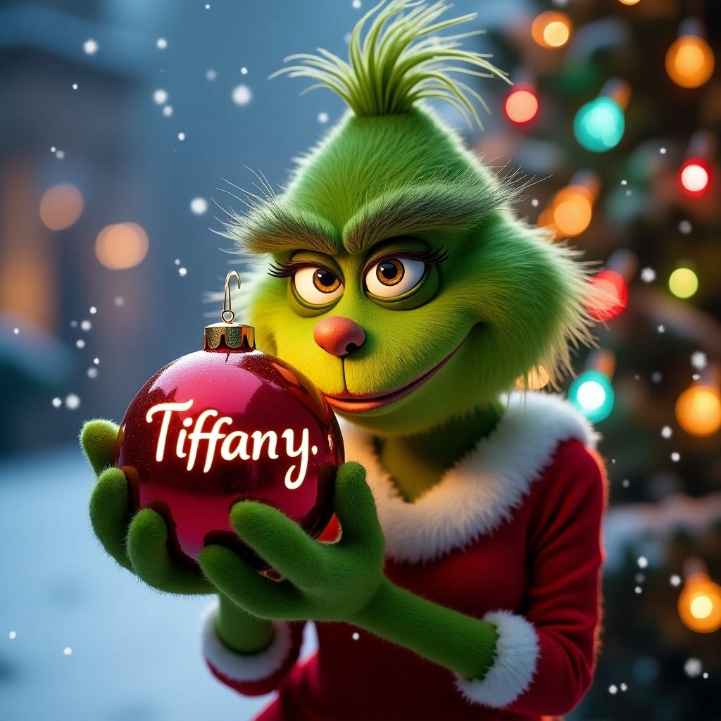 Grinch character holding a Christmas bauble with the name Tiffany. Snowy background with Christmas lights.