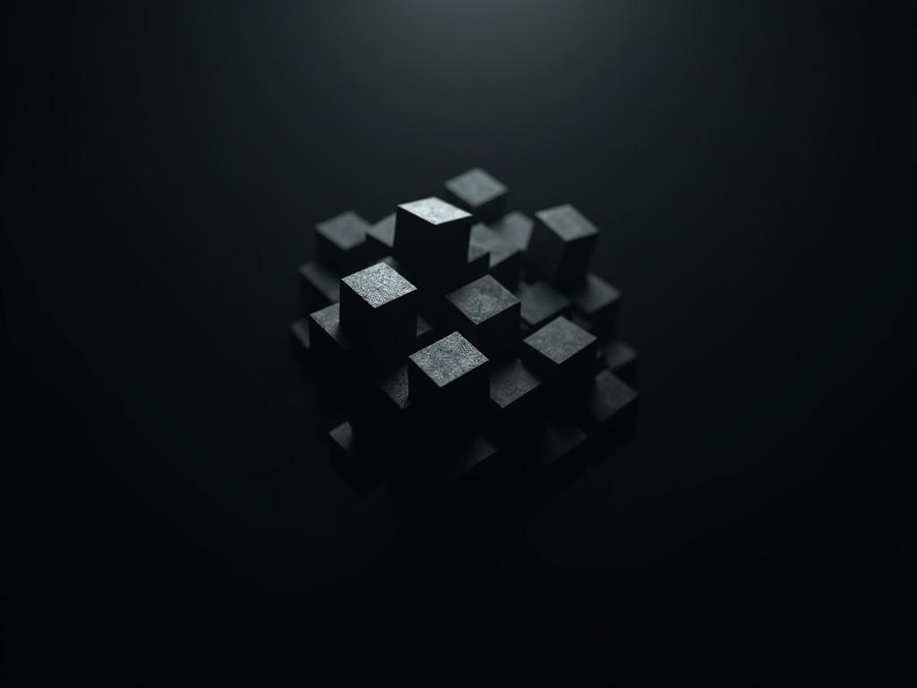 This image features a striking cluster of dark geometric cubes arranged together. They appear to hover in a mysterious void, drawing the viewer's attention. The cubes are rendered in various shades of black and dark grey, creating a sleek and minimalistic aesthetic. Soft diffused lighting casts gentle shadows, enhancing the shapes' depth and contours. This composition evokes a sense of intrigue and contemporary art, suggesting themes of isolation and modernity.