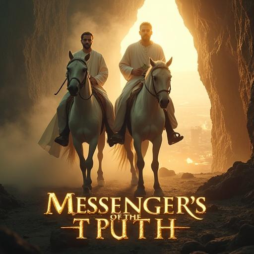 Cinematic ultra-realistic movie poster for Messengers of the Truth. Two divine male riders on white warhorses. Focus on their peaceful, spiritual faces with luminous features. Each has a glowing book and a luminous staff. They wear white robes, emerging from a bright portal in a sacred cave. Surrounded by divine light and mist. On right side, a hellish city with chaos and gray demons. Typography at the bottom.