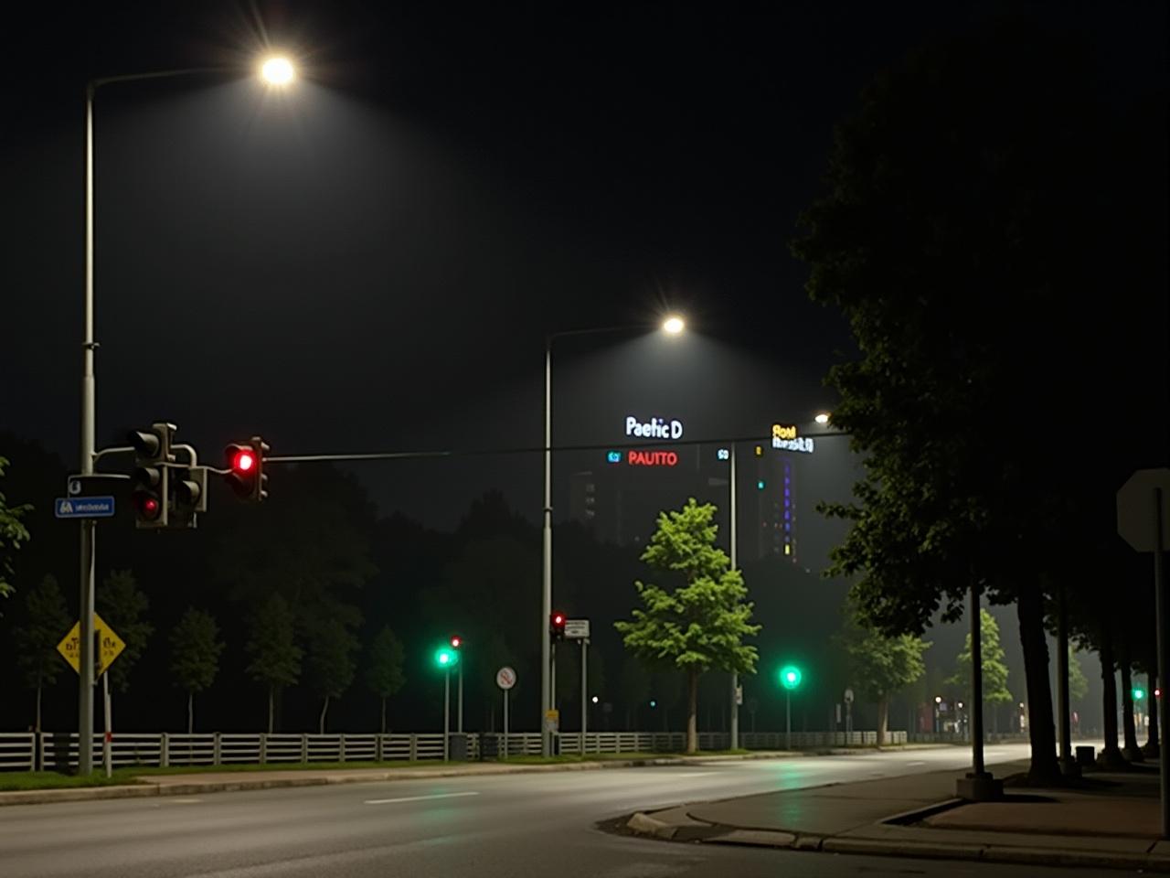 The image depicts a quiet urban night scene. Streetlights cast a soft glow on the empty streets. Trees provide a splash of green against the dark buildings. Traffic signals are visible, with one showing green. There are no people in sight, creating a serene atmosphere. The buildings in the background have colorful lights, suggesting some activity inside. The scene is peaceful, with a slight haze in the air adding to the night vibe. It feels like a moment frozen in time.