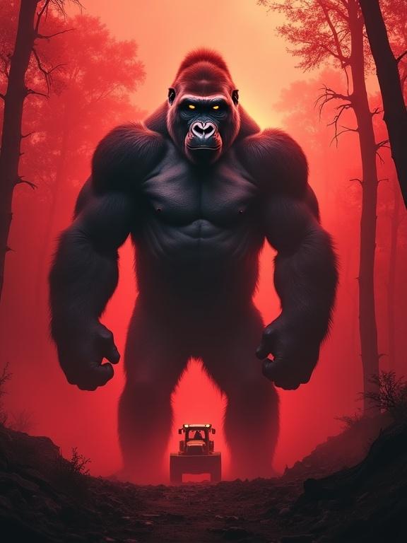 A massive silverback gorilla stands powerfully in a crimson jungle clearing. The chest is puffed out, fists are clenched, creating tension. Behind, red mist swirls among broken trees. Jungle canopy glows under ambient light. The gorilla's fur is silver and black with red highlights. Glowing amber eyes reflect a yellow CAT bulldozer. Photorealistic texture with cinematic lighting. No humans or text present.