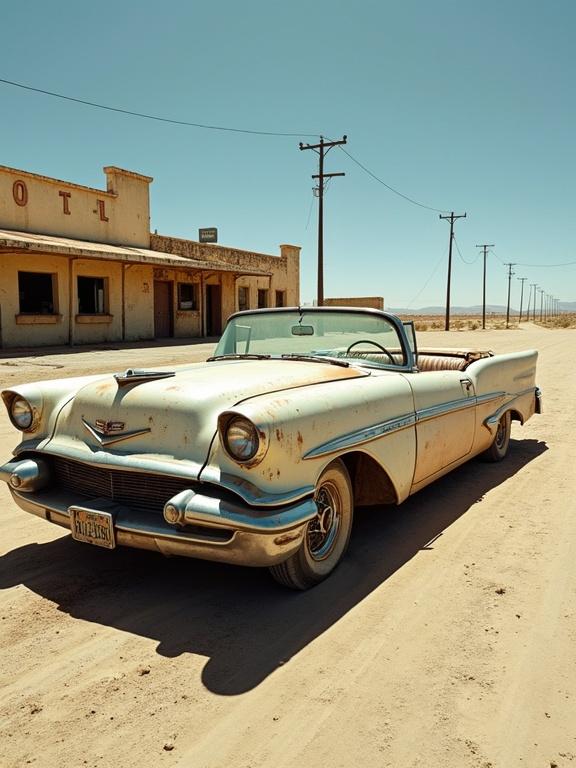 A weathered classic American convertible car inspired by late 1950s Pontiac Bonneville. The paint shows signs of wear and rust. The chrome is peeling and dulled. The soft top is dirty and torn. One headlight is cracked. The car is abandoned in front of an old motel in a desert. The scene conveys a post-apocalyptic feel with an empty sky and distant telephone poles.