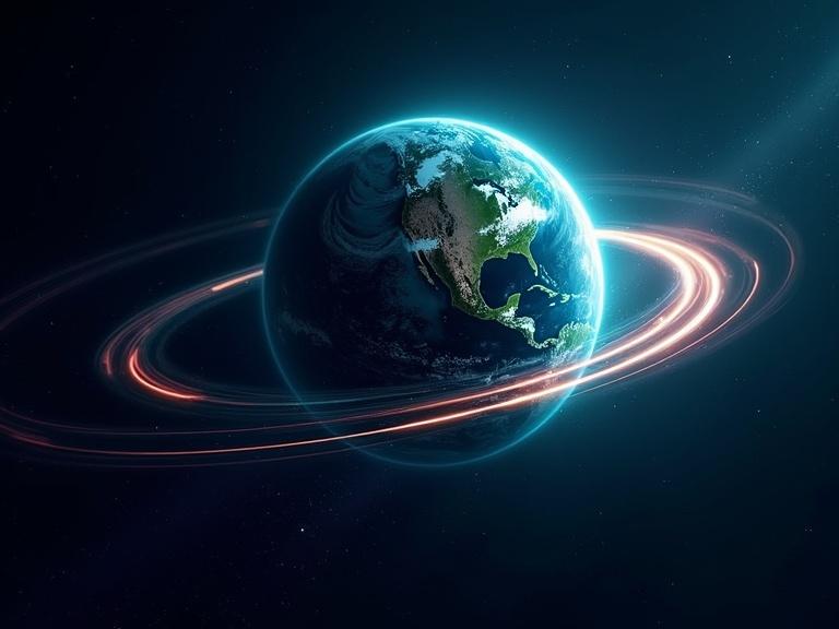 Image depicts planet Earth in outer space. Earth glows with vivid blues and greens. Light trails surround the Earth representing flying rockets. Curved glowing lines appear in bright blue red or orange. Background consists of dark cosmos filled with stars and faint galaxies. Image conveys cinematic futuristic atmosphere with emphasis on technological advancement.
