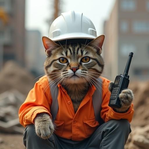 semi-realistic cat wearing a white hard hat and safety gear. Cat has tears in eyes, is holding a walkie-talkie, showing a sobbing expression. Cat sits down defeated at a construction site. Image has a comedic yet emotional tone.
