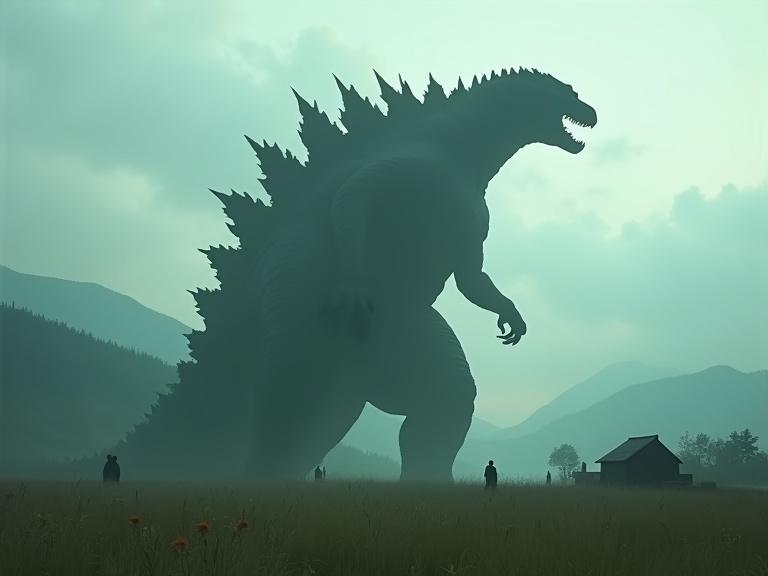 An enormous Godzilla-like dinosaur moves through a grassy field by a small village. The background features towering mountains under a cloudy sky. The scene is atmospheric with a grey-green filter. Small people are visible in the foreground. Shadows and textures are prominent in the details.